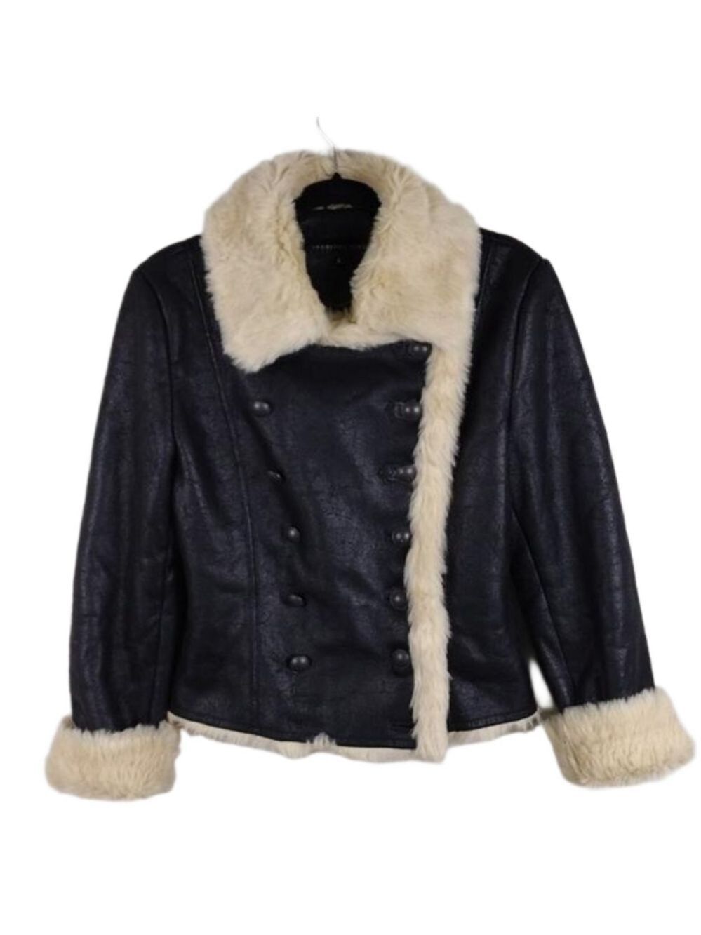 Fabulous Fur Donna Saylors' Black Faux Leather Fur Double Breast Moto Style Coat